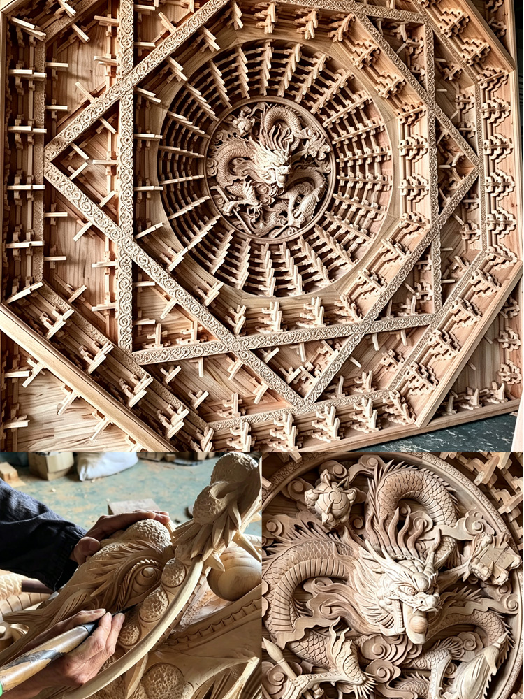 Intricate traditional wooden ceiling carvings with dragon motifs and hand-carved details