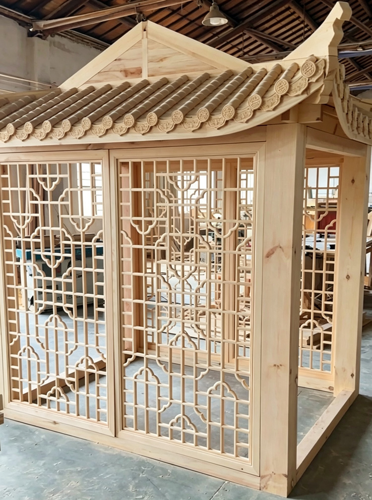 Traditional Chinese wooden pavilion with decorative lattice panels and timber roof structure