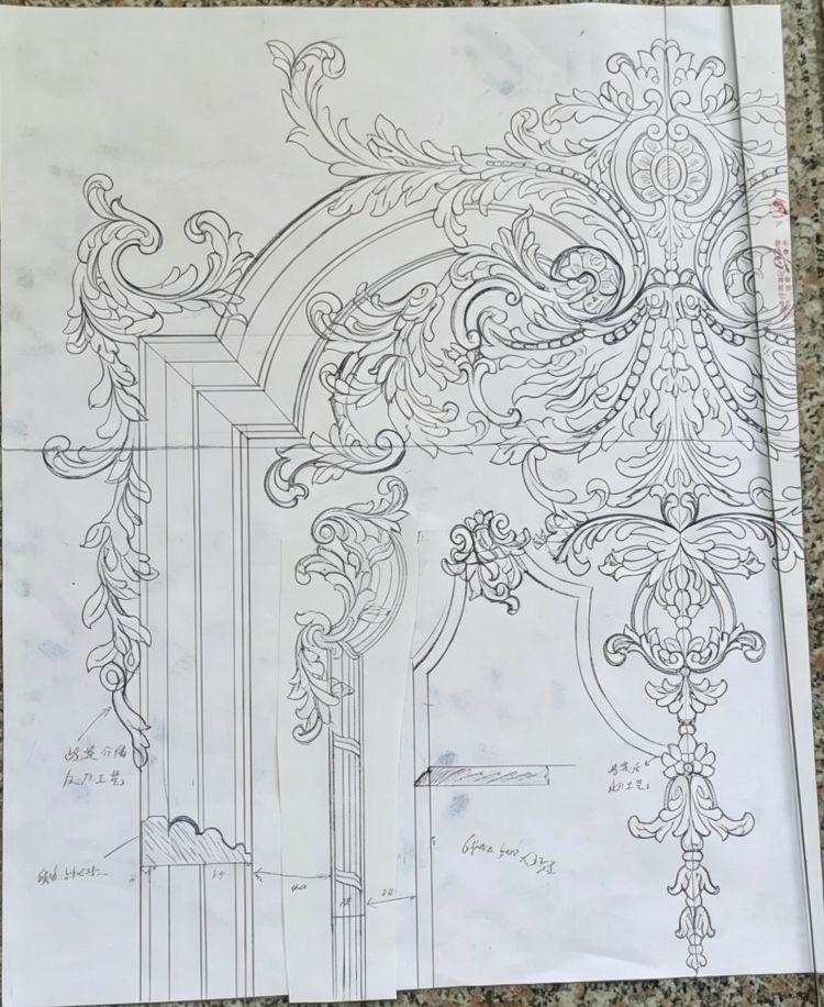 Technical drawing of ornate architectural wood carving with detailed dimensions and patterns
