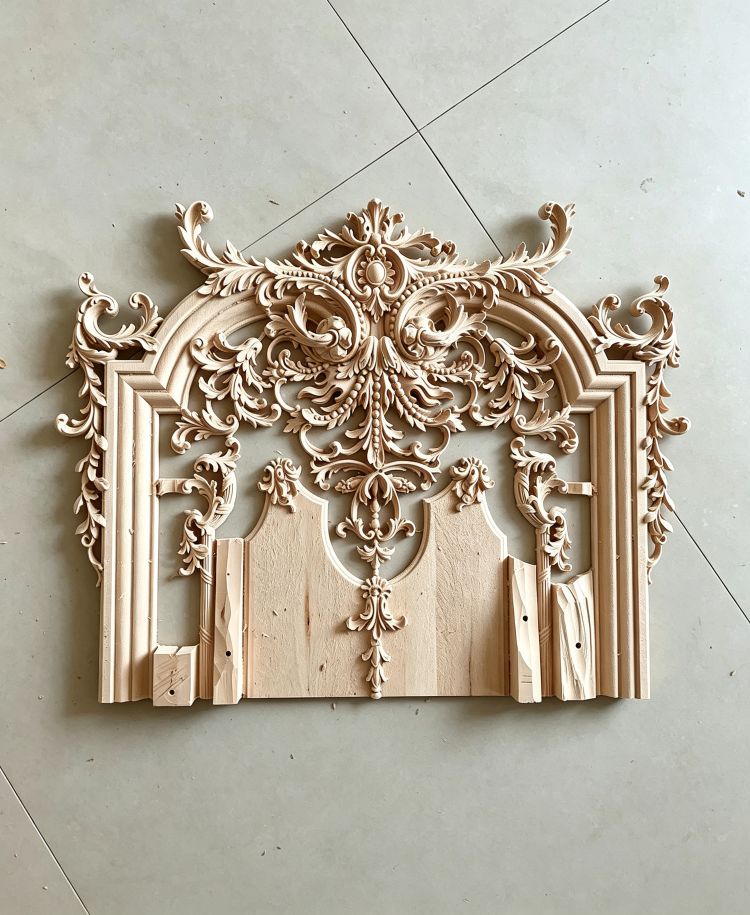 Custom carved wooden architectural ornament produced from a decorative design