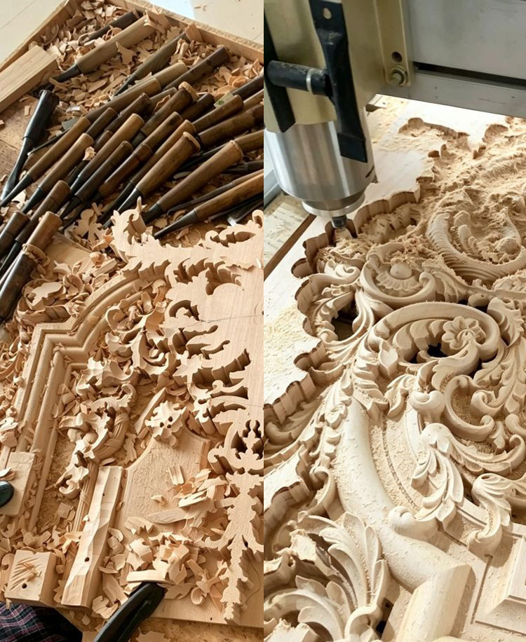 Hand carving and CNC machining of intricate decorative wood components in a workshop