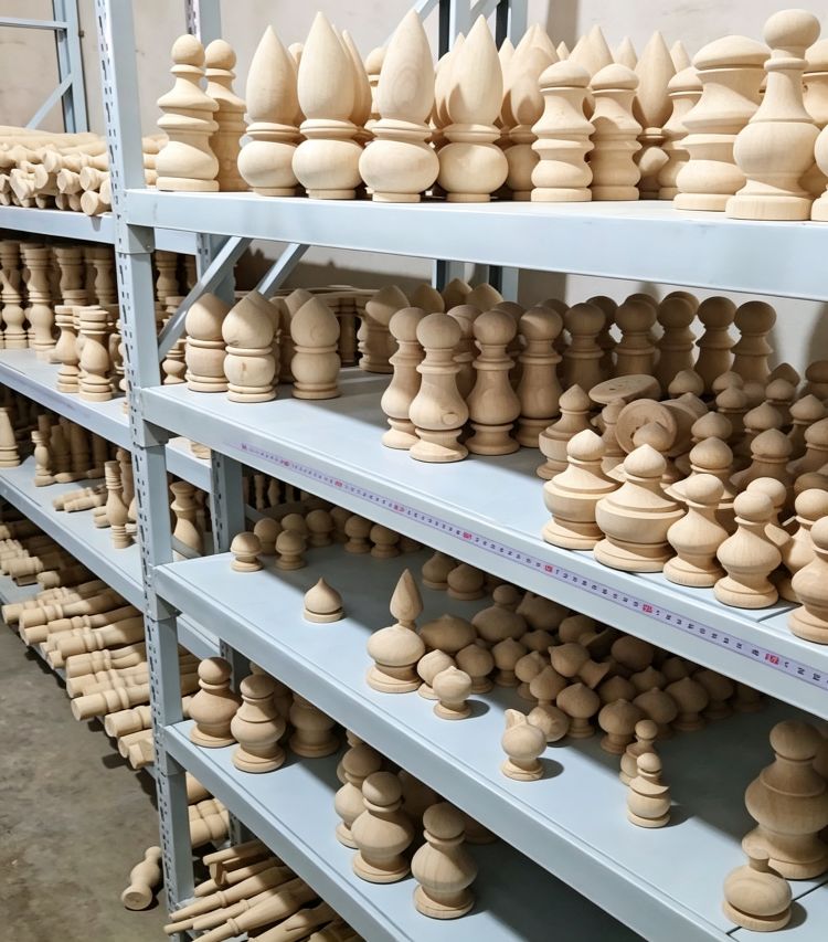 Assorted turned wood finials and furniture components in stock