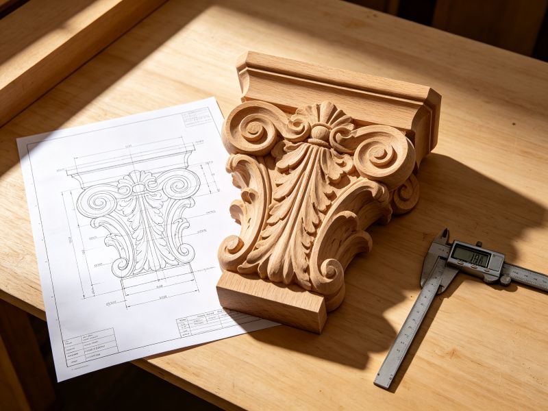 Custom carved wood component manufactured from technical drawings