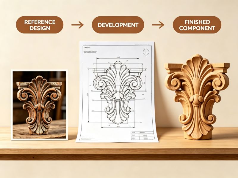 Custom decorative wood carving developed from a reference design
