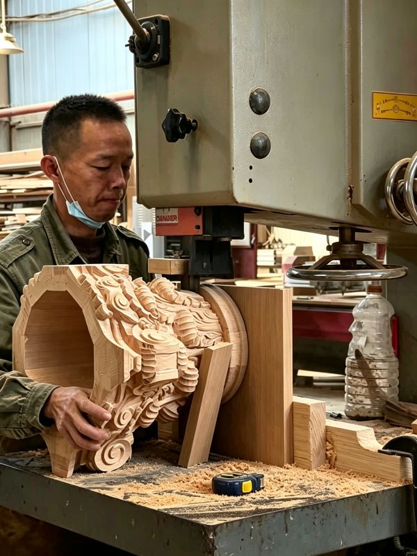 Craftsman machining a carved wood capital in our workshop
