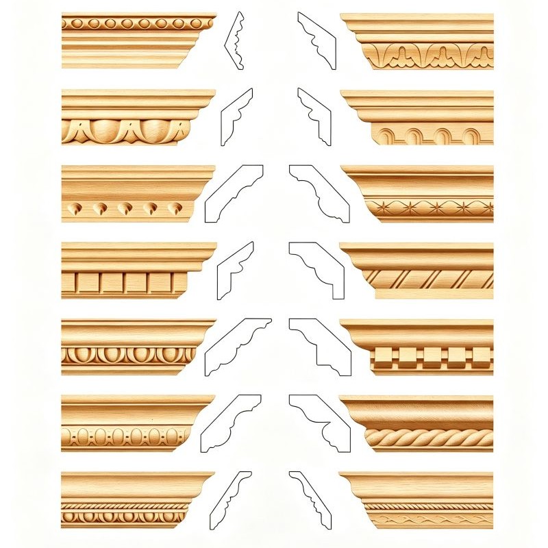 Decorative wood mouldings with carved crown and cornice profiles