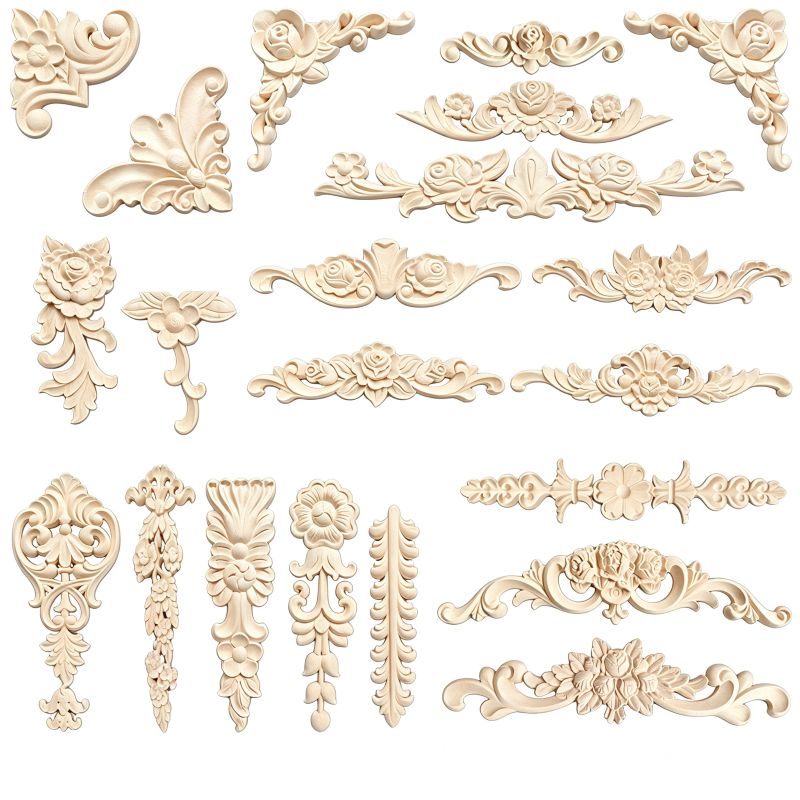Horizontal carved wood appliques and floral onlays for furniture and cabinets