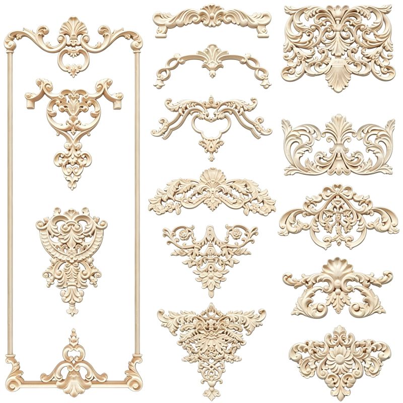 Decorative carved wood scroll appliques with acanthus leaf and floral designs