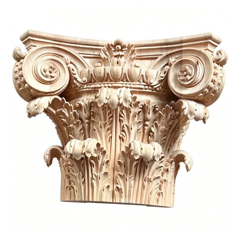 Carved Corinthian wood capitals with acanthus leaf details