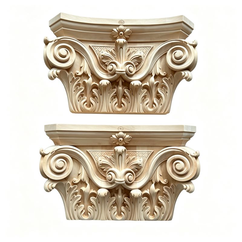 Composite wood capitals with scroll and leaf carvings
