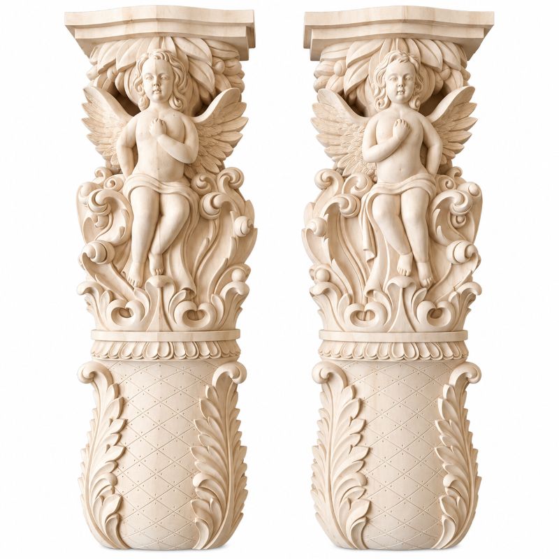 Round figural wood capitals with carved decorative figures