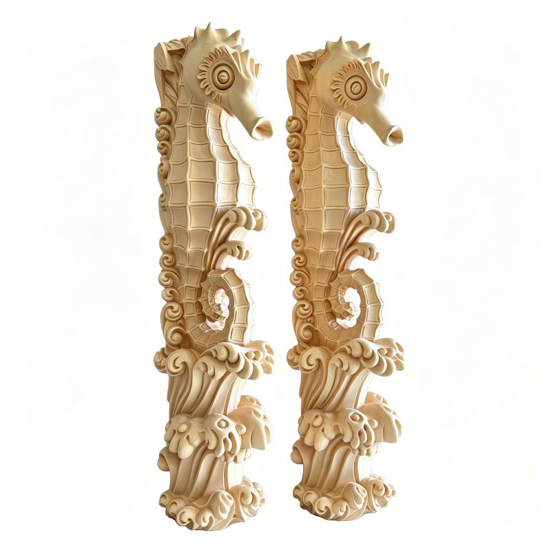 Ornamental carved wood furniture components with seahorse designs