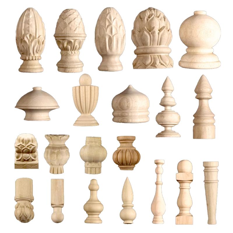 Decorative turned wood finials and newel caps in various designs