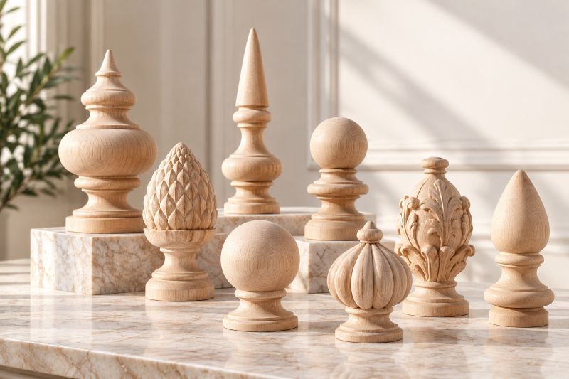 Unfinished wood finials in carved and turned designs, including ball, pointed and decorative styles