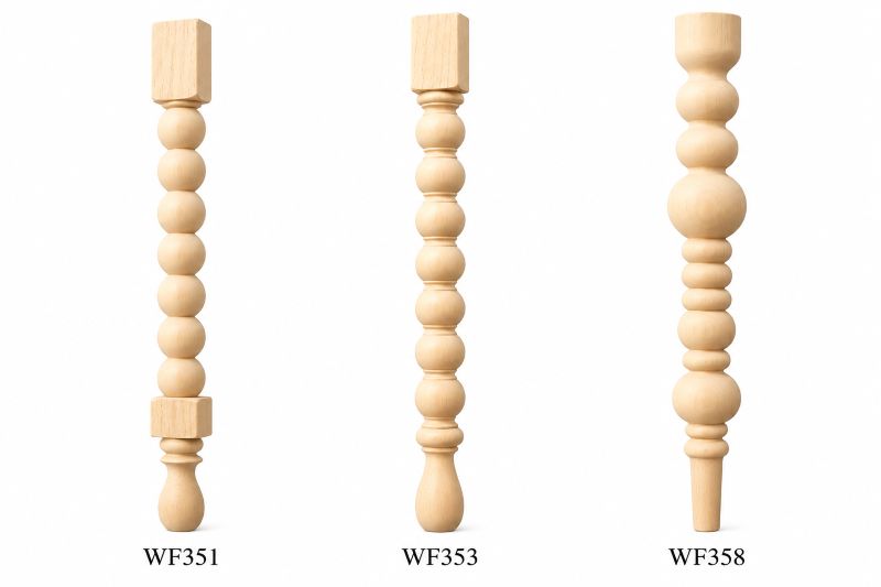 Beaded and bobbin turned wooden table legs, WF351, WF353 and WF358, by MayuWorks