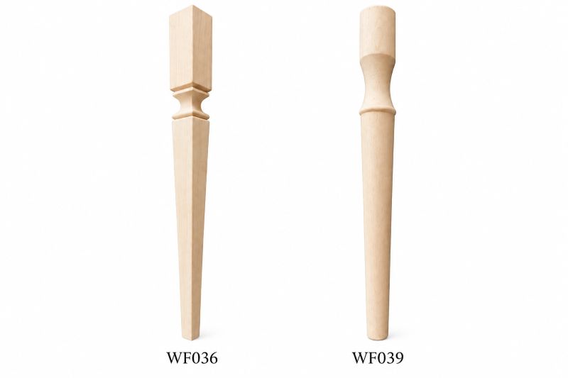 Tapered wooden table legs in square and round designs, WF036 and WF039, by MayuWorks
