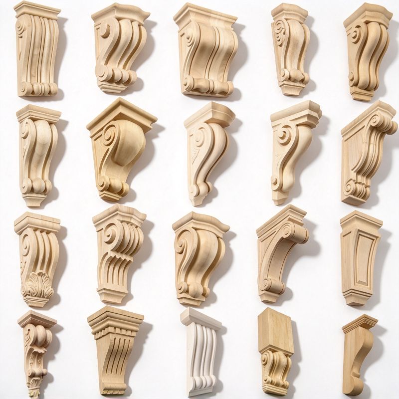 Decorative wood corbels for kitchen cabinets with curved and fluted designs