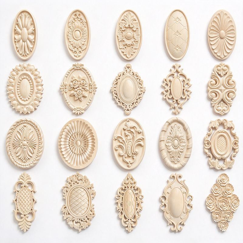 Carved wood rosettes and floral appliques for furniture and decorative panels