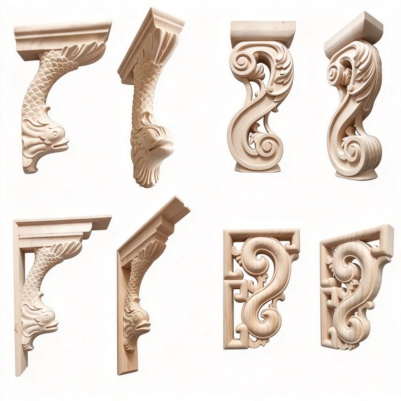 Decorative carved wooden shelf brackets with fish and scroll motifs