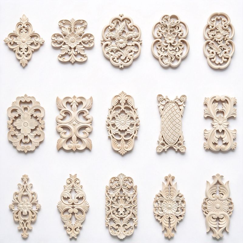 Decorative center wood onlays with floral carvings for furniture and cabinet panels