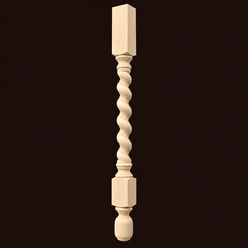 Unfinished spiral turned wood table leg WF355 with twisted shaft and square mounting sections