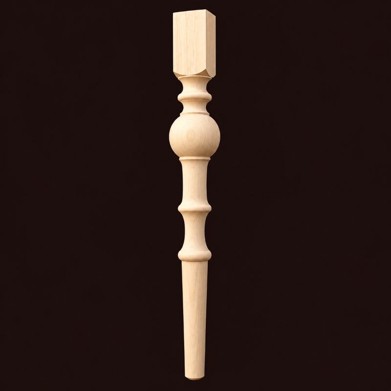 Unfinished decorative turned wood table leg WF356 with rounded bulb and tapered lower section