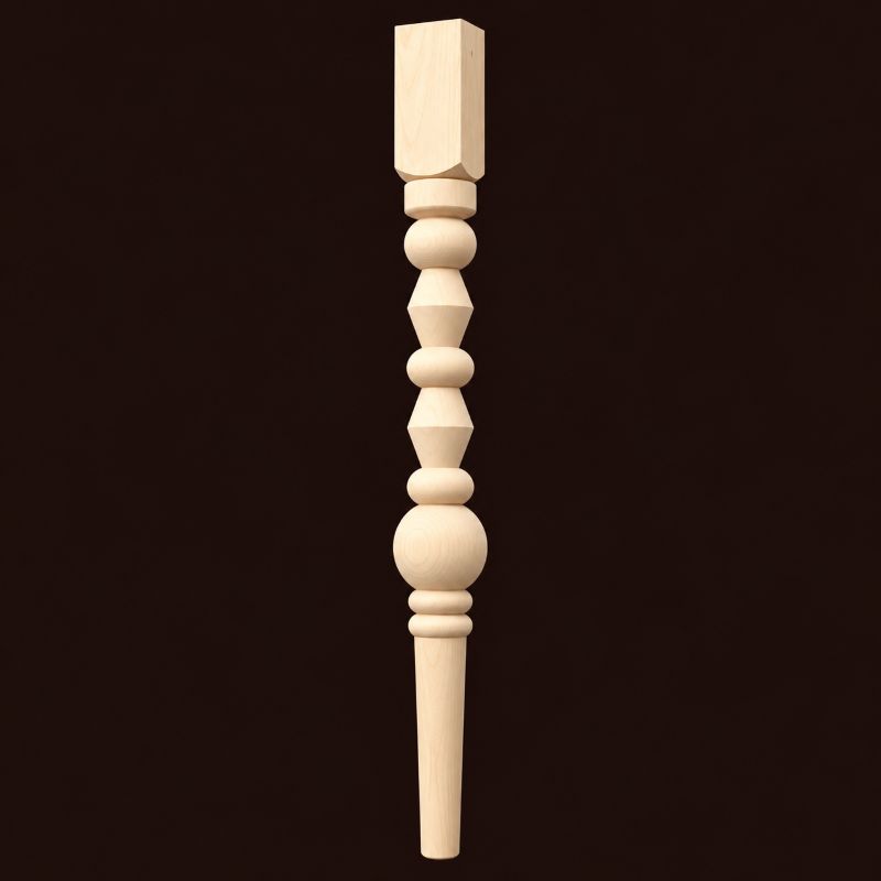 Unfinished decorative beaded wood table leg WF357 with stacked rounded and geometric turnings